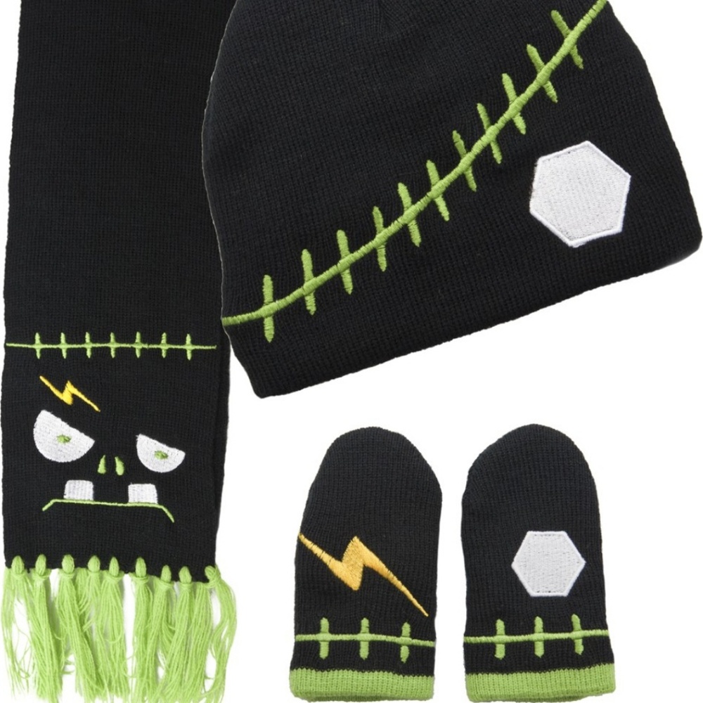 Sourpuss 3 Pc Frankenstein Monster Face Set Hat Scarf & Gloves Lightning Bolt